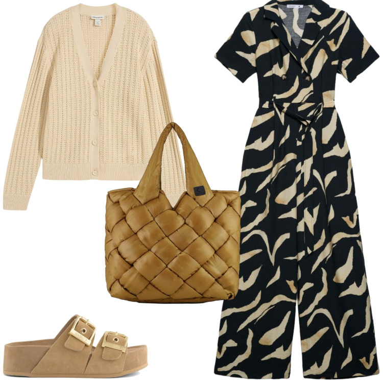Outfit donna - Casual e femminile. Stile Casual chic per Tutti i giorni. Abbinamento con cardigans, tute, borse tote, sandali in pelle.