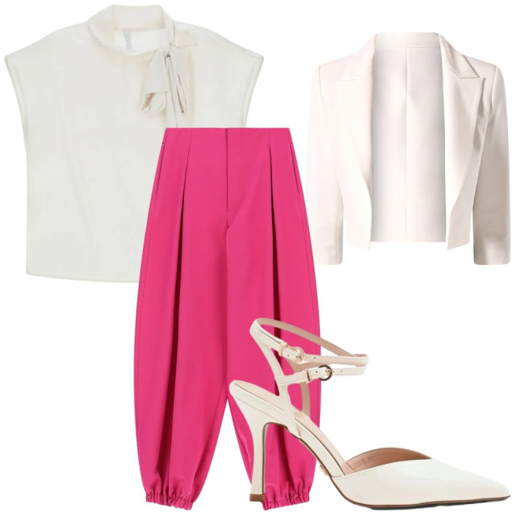 Outfit donna - Fuxia e bianco. Stile Glamour per Serata fuori. Abbinamento con pantaloni a palazzo, canottiere, blazer, décolleté.