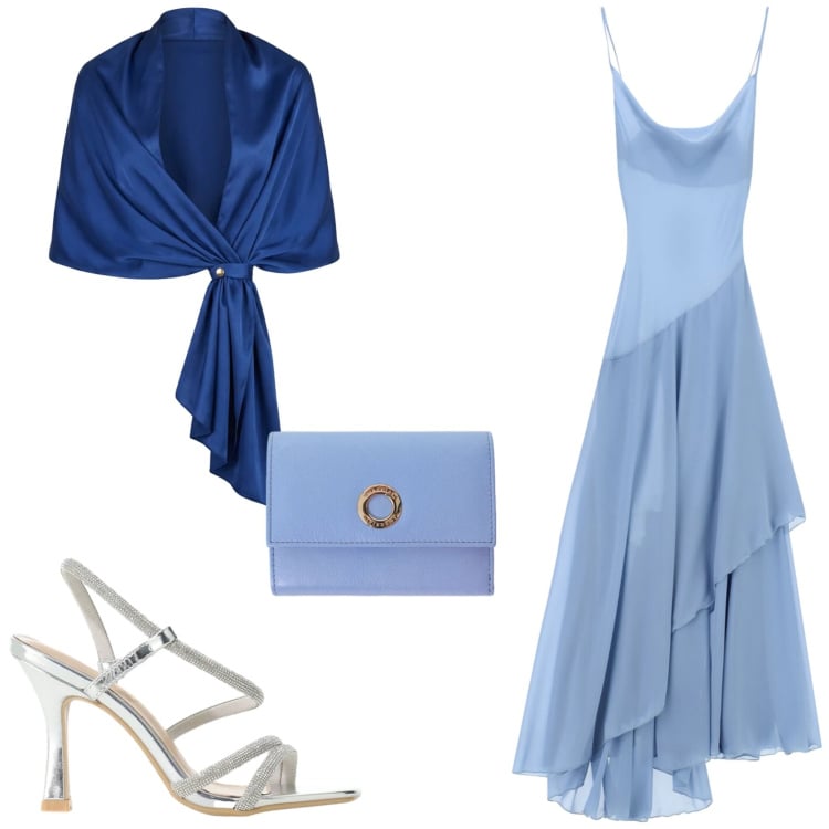 Outfit donna - L\'abito da sera. Stile Glamour per Cerimonia. Abbinamento con vestiti lunghi, sandali col tacco, portafogli, stole.