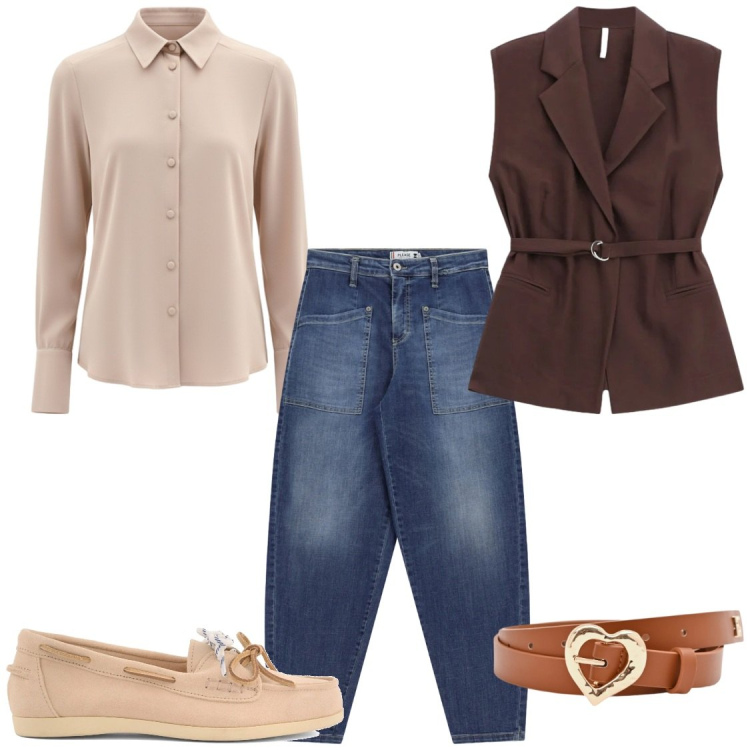 Outfit donna - Chic in jeans. Stile Chic per Ufficio. Abbinamento con camicie, cinture, gilet, jeans, mocassini.