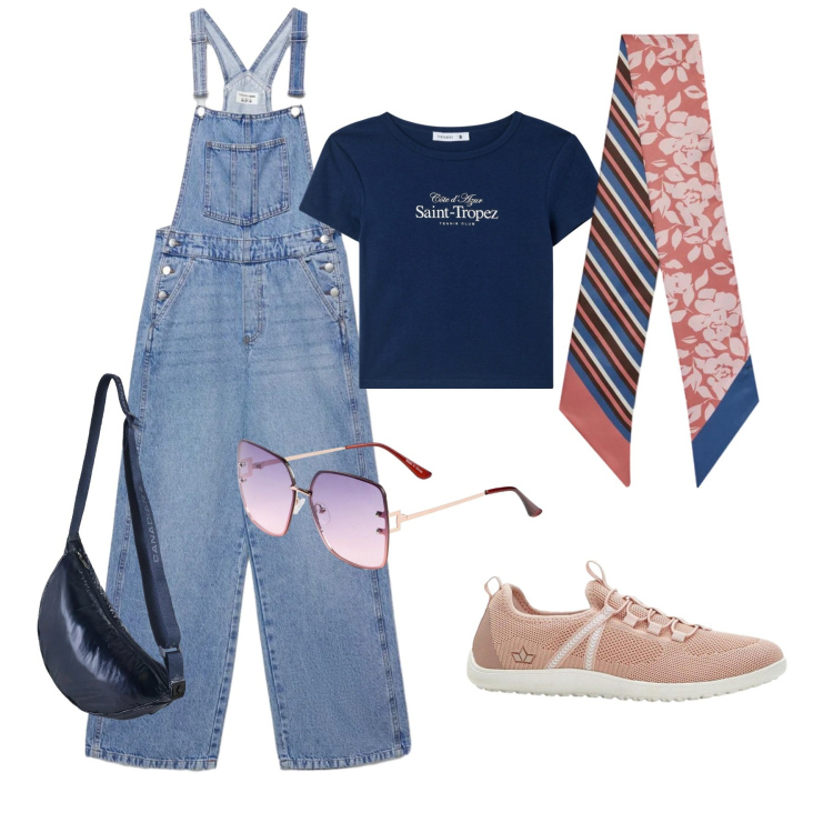 Outfit donna - Mamma time. Stile Casual per Tutti i giorni. Abbinamento con occhiali da sole, sneakers, salopette, t-shirt, foulard, borse a tracolla.