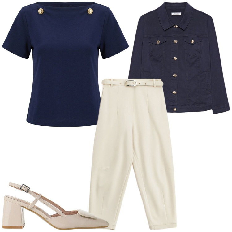 Outfit donna - Blu e bianco. Stile Bon Ton per Ufficio. Abbinamento con t-shirt, pantaloni, décolleté, blazer.