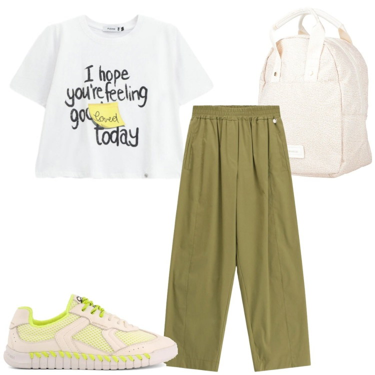 Outfit donna - Gite. Stile Casual chic per Tutti i giorni. Abbinamento con zaini, pantaloni, t-shirt, sneakers.