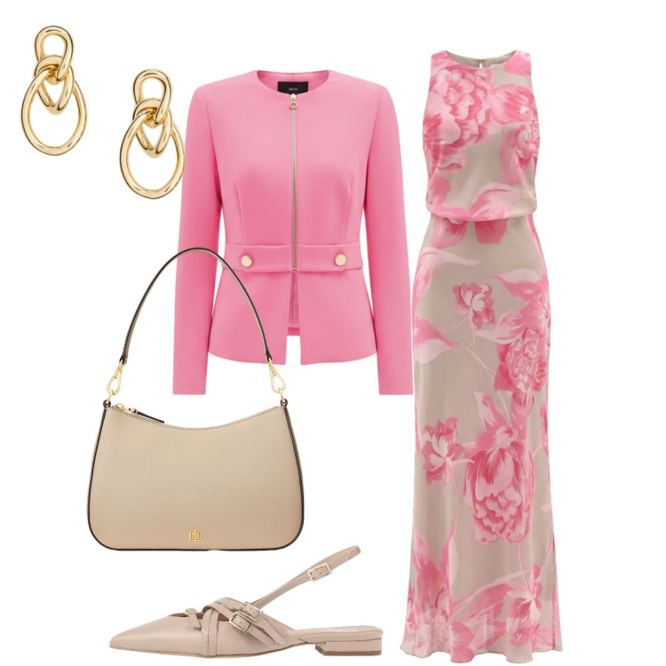 Outfit donna - Testimone di Nozze. Stile Chic per Cerimonia. Abbinamento con ballerine, vestiti lunghi, blazer, borse a spalla, orecchini.