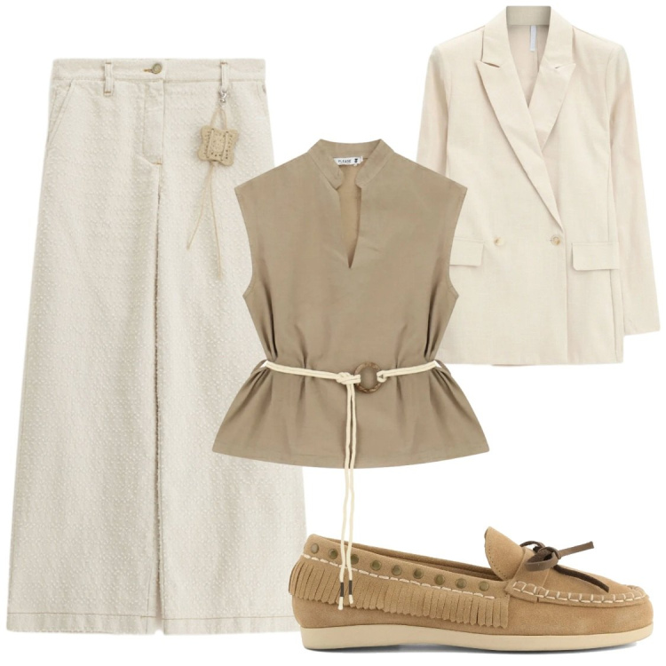 Outfit donna - Stile safari. Stile Chic per Ufficio. Abbinamento con blazer, pantaloni a palazzo, camicie, mocassini.