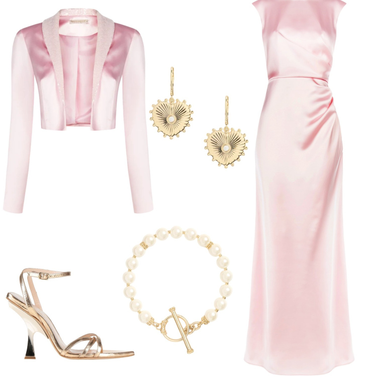 Outfit donna - Pink stile. Stile Glamour per Cerimonia. Abbinamento con sandali in pelle, vestiti lunghi, bolero, orecchini, braccialetti.