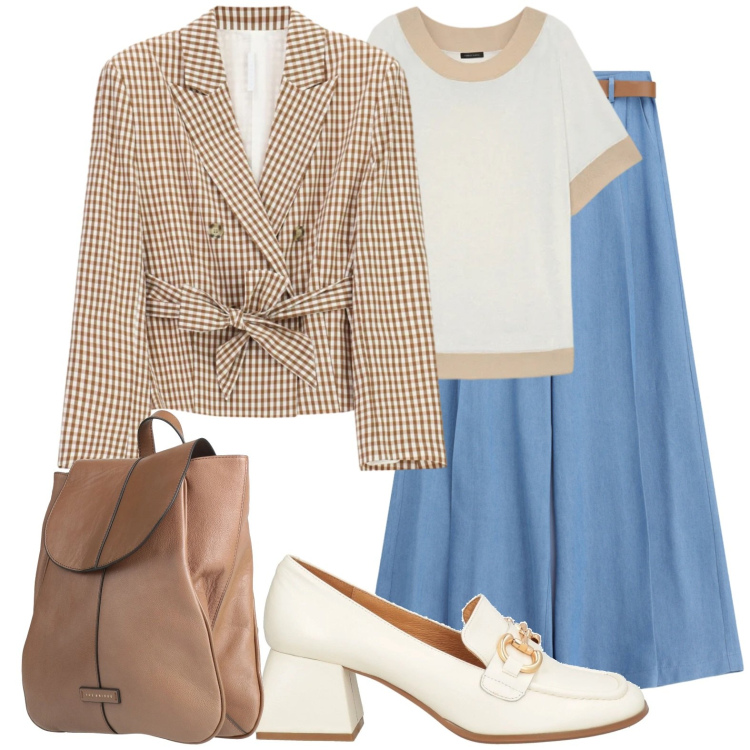 Outfit donna - Blazer a quadretti. Stile Bon Ton per Tutti i giorni. Abbinamento con mocassini, zaini, jeans, blazer, t-shirt.