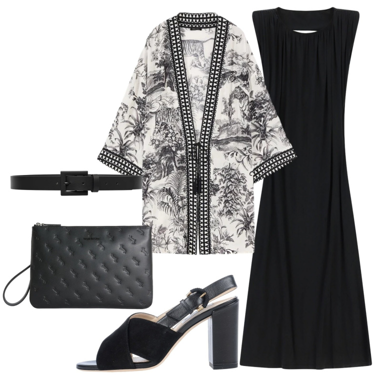 Outfit donna - Bianco e nero. Stile Rock per Serata fuori. Abbinamento con sandali in pelle, anelli, vestiti lunghi, cinture, caftani.