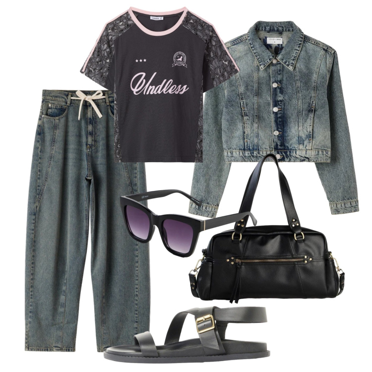 Outfit donna - Denim delavè urbano. Stile Urban per Tutti i giorni. Abbinamento con sandali, borse a mano, occhiali da sole, t-shirt, cappotti, jeans.
