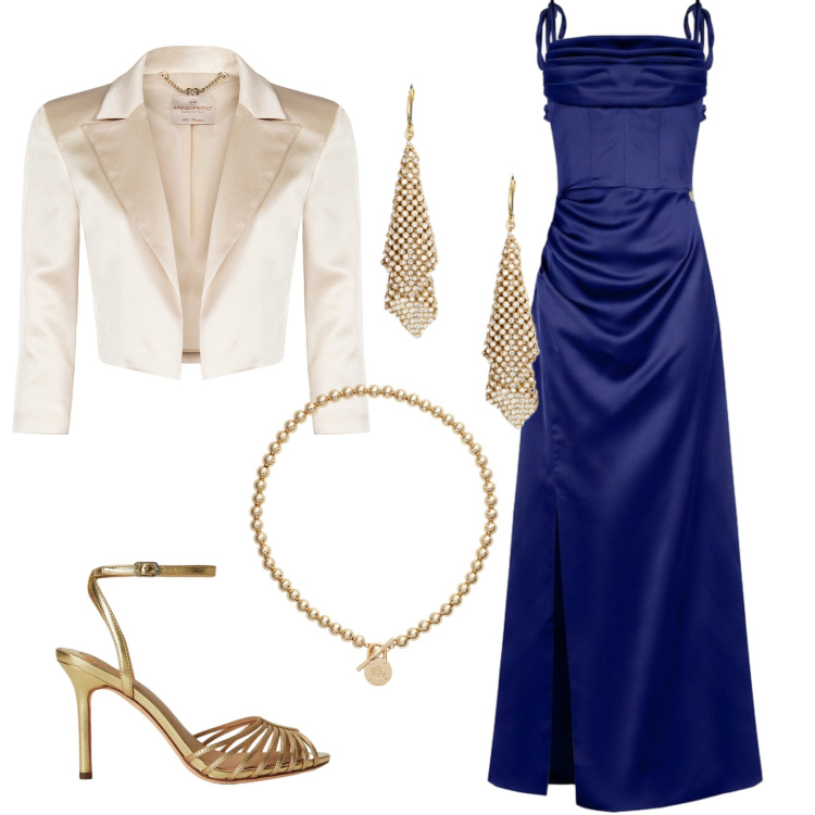 Outfit donna - shine in blue. Stile Glamour per Cerimonia. Abbinamento con vestiti lunghi, bolero, sandali in pelle, orecchini, collane.
