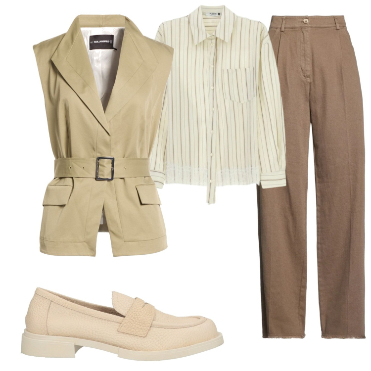 Outfit donna - Gilet con cintura. Stile Casual chic per Tutti i giorni. Abbinamento con cinture, pantaloni, mocassini, camicie.