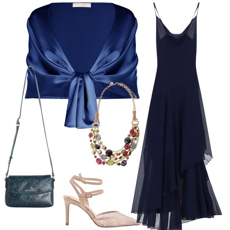 Outfit donna - Blu elegante. Stile Chic per Cerimonia. Abbinamento con borse a tracolla, vestiti lunghi, décolleté, stole, collane.