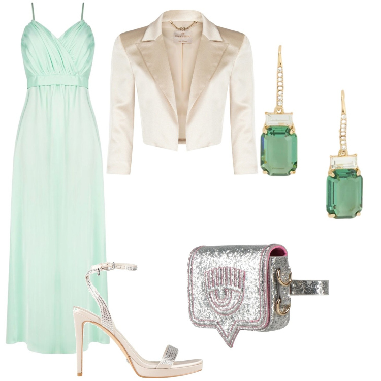 Outfit donna - Cerimonia -Rinascimento. Stile Chic per Cerimonia. Abbinamento con marsupi, sandali col tacco, vestiti lunghi, bolero, orecchini.