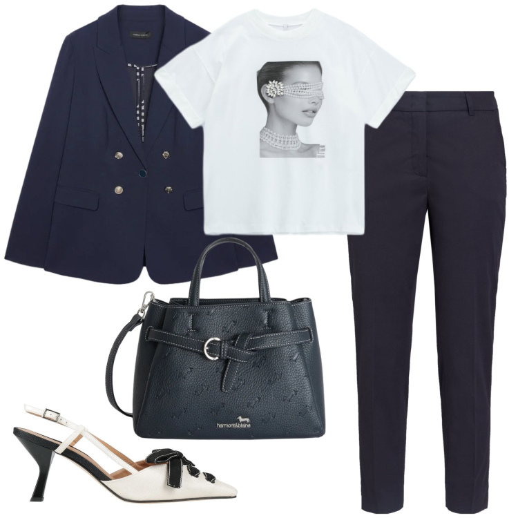 Outfit donna - In ufficio. Stile Chic per Ufficio. Abbinamento con pantaloni, décolleté, t-shirt, borse a mano, blazer.