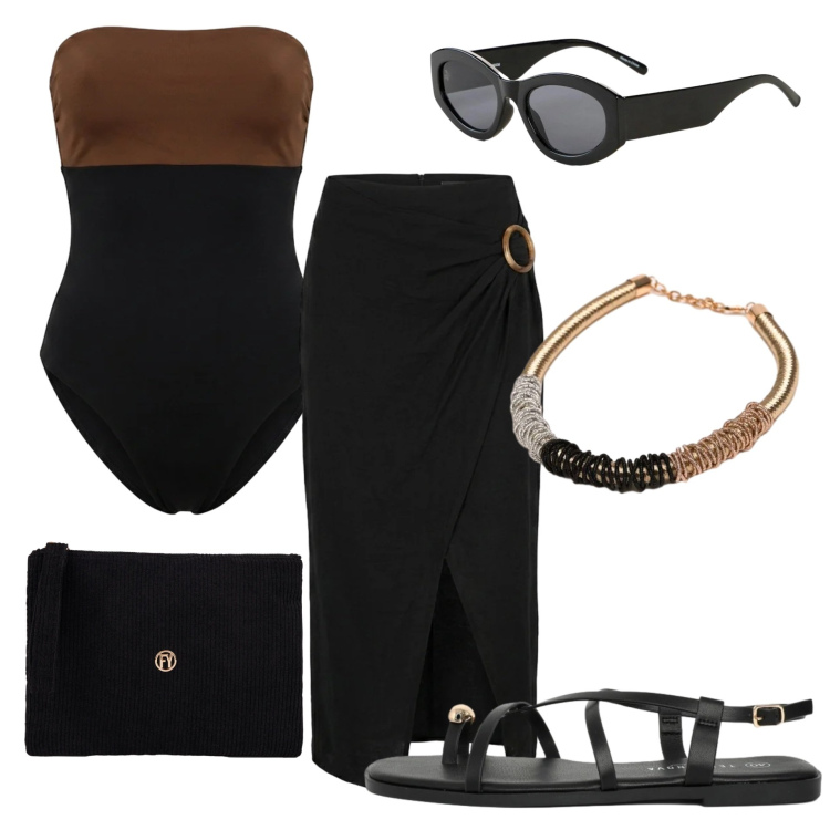 Outfit donna - Chic a Capri. Stile Chic per Mare. Abbinamento con occhiali da sole, sandali, valigie, collane, gonne longuette, costumi interi.