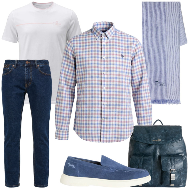 Outfit uomo - Total look #2402202. Stile Urban per Tutti i giorni. Abbinamento con pantaloni, borse sportive, sciarpe, t-shirt, camicie, scarpe stringate.