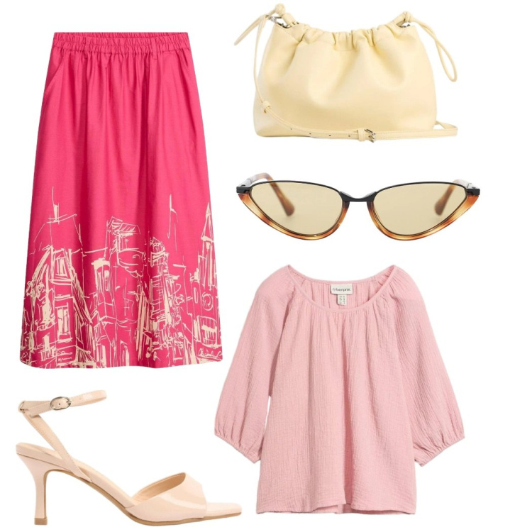 Outfit donna - Total look #2402208. Stile Casual chic per Tutti i giorni. Abbinamento con tuniche, gonne longuette, sandali col tacco, borse a tracolla, occhiali da sole.