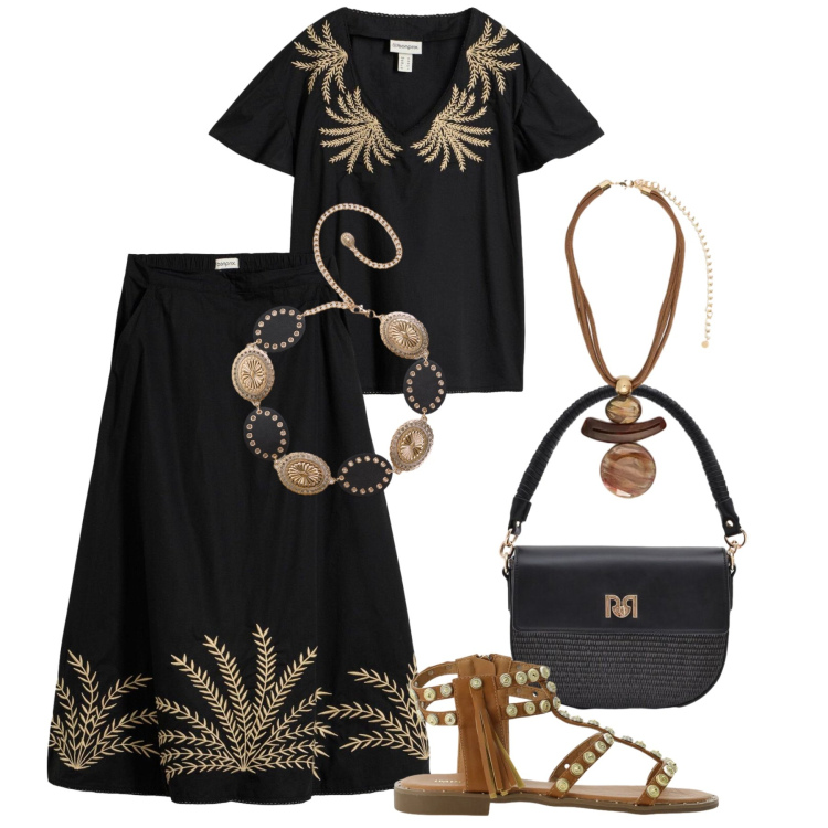 Outfit donna - Mix etnico bohémien. Stile Trendy per Tutti i giorni. Abbinamento con gonne lunghe, bluse, cinture, sandali, borse a spalla, ciondoli.