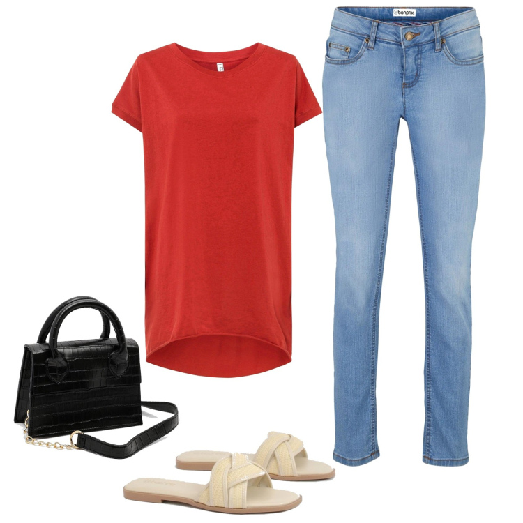 Outfit femme - T shirt rouge. Style Basique pour Tous les jours. Assortir avec jean skinny, t-shirts, sacs en bandoulière, mules.