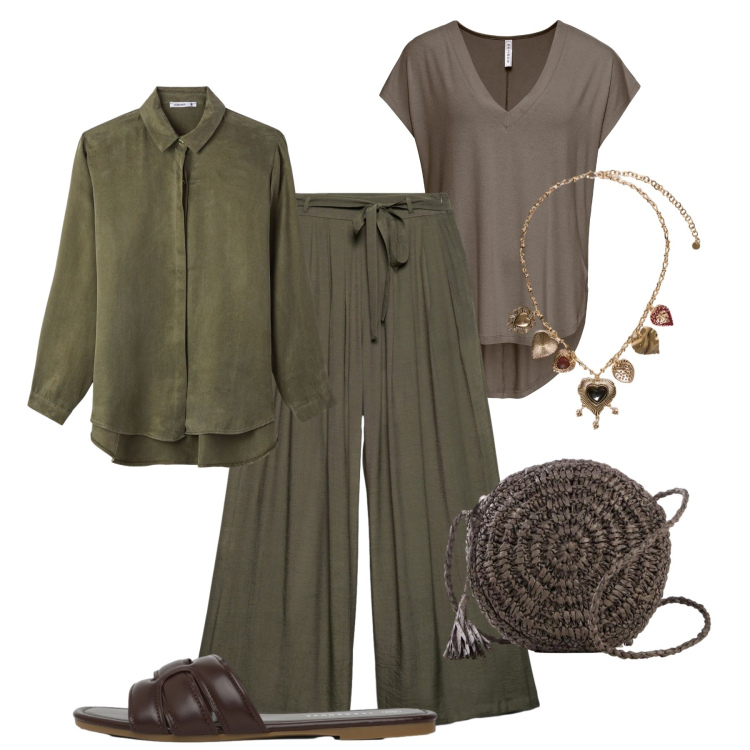 Outfit donna - Rilassata in città. Stile Casual per Tutti i giorni. Abbinamento con t-shirt, borse a tracolla, pantaloni, camicie, ciabatte, collane.
