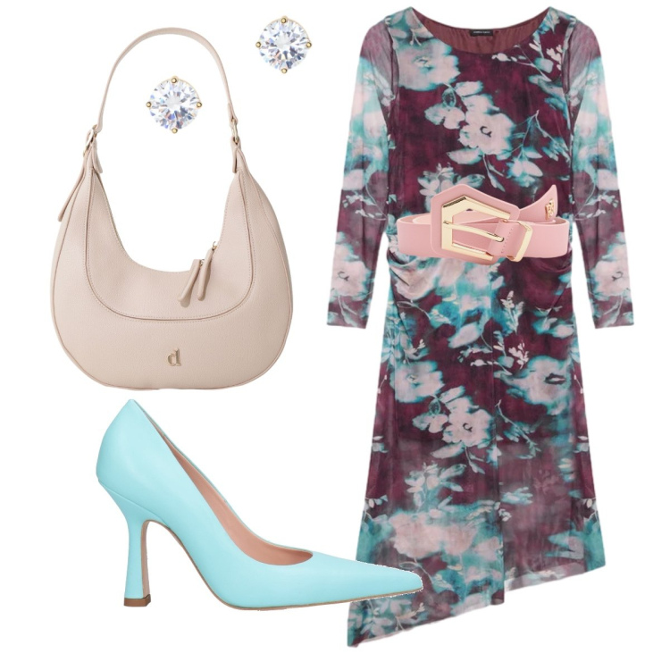 Outfit donna - Cerimonia con l’abito asimmetrico. Stile Chic per Cerimonia. Abbinamento con décolleté, cinture, borse a tracolla, vestiti lunghi, orecchini.
