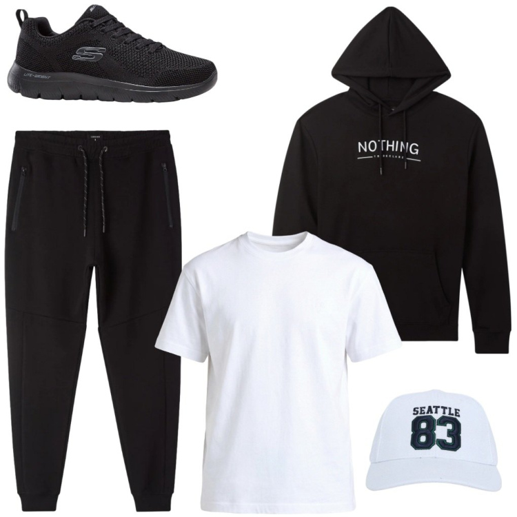 Outfit uomo - 105. Cento sei... centosette.... Stile Urban per Tutti i giorni. Abbinamento con sneakers, cappelli, pantaloni, felpe con cappuccio, t-shirt.