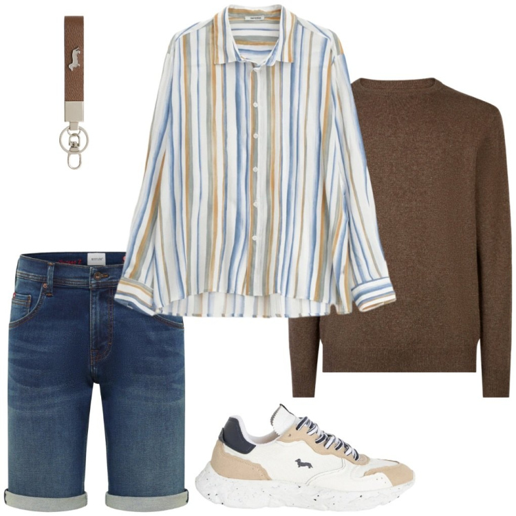 Outfit uomo - 106. Camicia in lino. Stile Trendy per Tutti i giorni. Abbinamento con bermuda, camicie, portachiavi, sneakers, maglieria.