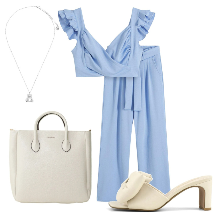 Outfit donna - Total look #2402217. Stile Chic per Tutti i giorni. Abbinamento con tute, borse a tracolla, ciondoli, sandali col tacco.