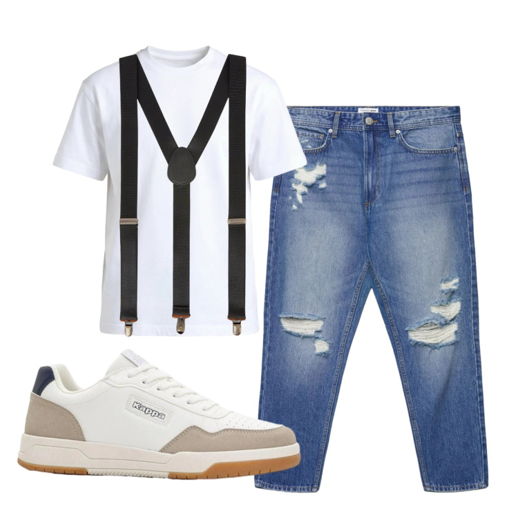 Outfit uomo - Total look #2402220. Stile Casual per Tutti i giorni. Abbinamento con sneakers, jeans strappati, t-shirt, bretelle.