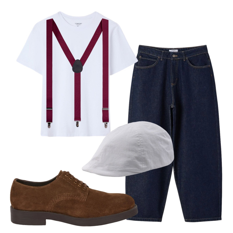 Outfit uomo - Total look #2402228. Stile Trendy per Tutti i giorni. Abbinamento con t-shirt, jeans, scarpe stringate, bretelle, cappelli con visiera.