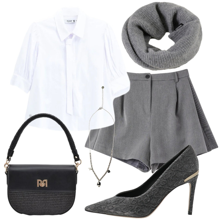 Outfit donna - Total look #2402233. Stile Mannish per Ufficio. Abbinamento con décolleté, shorts, borse a spalla, camicie, ciondoli, scaldacollo.