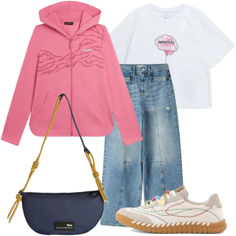 Outfit donna - Sporty. Stile Urban per Tutti i giorni. Abbinamento con jeans, borse a tracolla, t-shirt, felpe con cappuccio, sneakers.