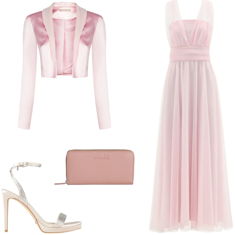 Outfit donna - L\'abito etereo, da favola. Stile Glamour per Cerimonia. Abbinamento con sandali col tacco, vestiti lunghi, bolero, portafogli.