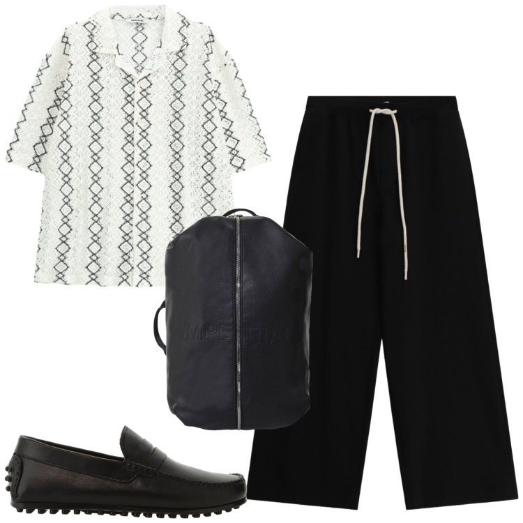 Outfit uomo - Weekend. Stile Urban per Tutti i giorni. Abbinamento con borse sportive, scarpe stringate, pantaloni, camicie a manica corta.