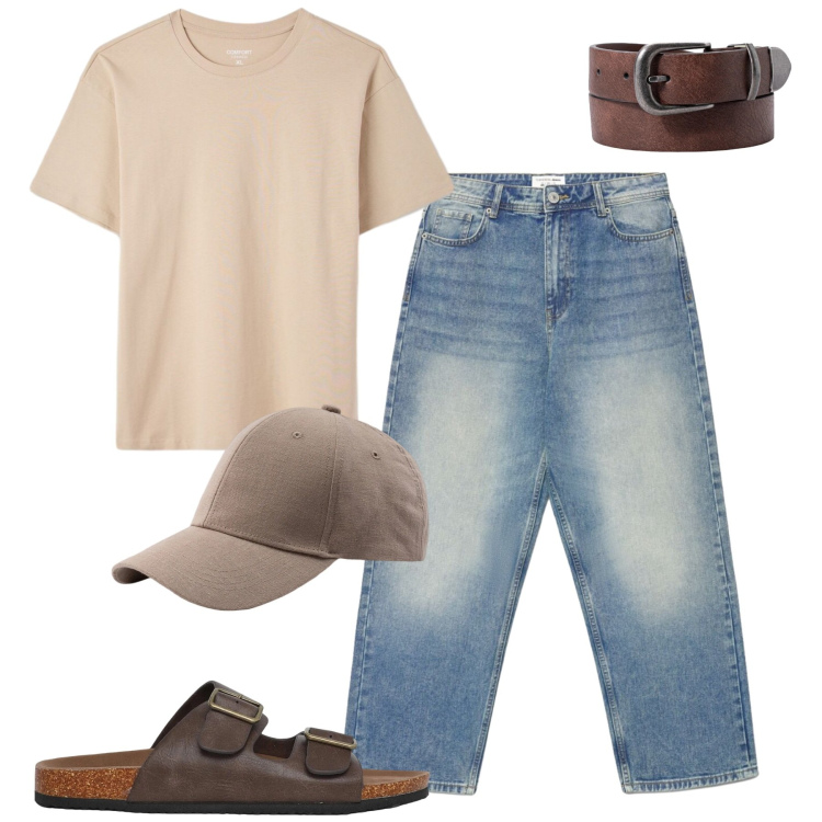 Outfit uomo - Summer. Stile Casual per Tutti i giorni. Abbinamento con jeans dritti, t-shirt, sandali, cinture, cappelli con visiera.