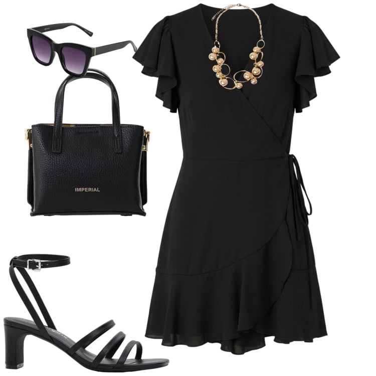 Outfit donna - Abitino incrociato. Stile Minimal per Tutti i giorni. Abbinamento con sandali col tacco, occhiali da sole, vestiti corti, borse a tracolla, collane.