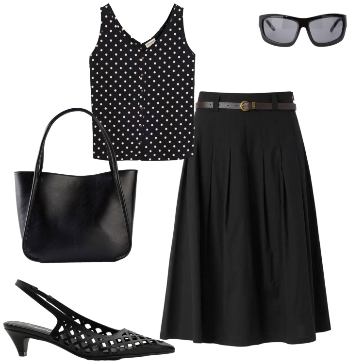 Outfit donna - City. Stile Urban per Tutti i giorni. Abbinamento con shopping bag, décolleté, canottiere, gonne longuette, occhiali da sole.