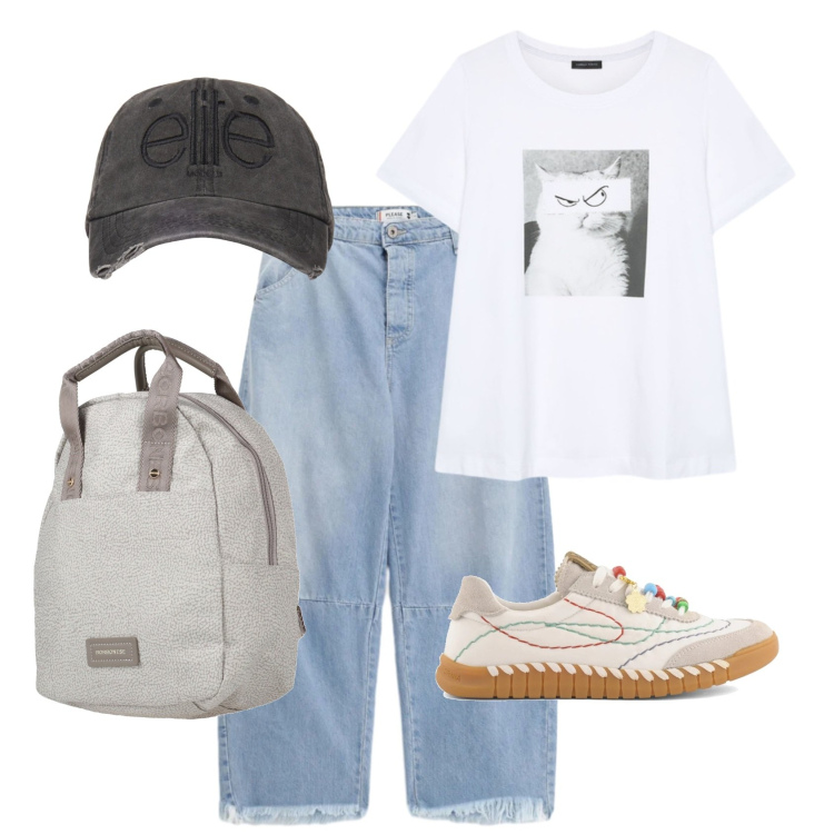 Outfit donna - Catlover. Stile Urban per Tutti i giorni. Abbinamento con zaini, jeans, cappelli, t-shirt, sneakers.