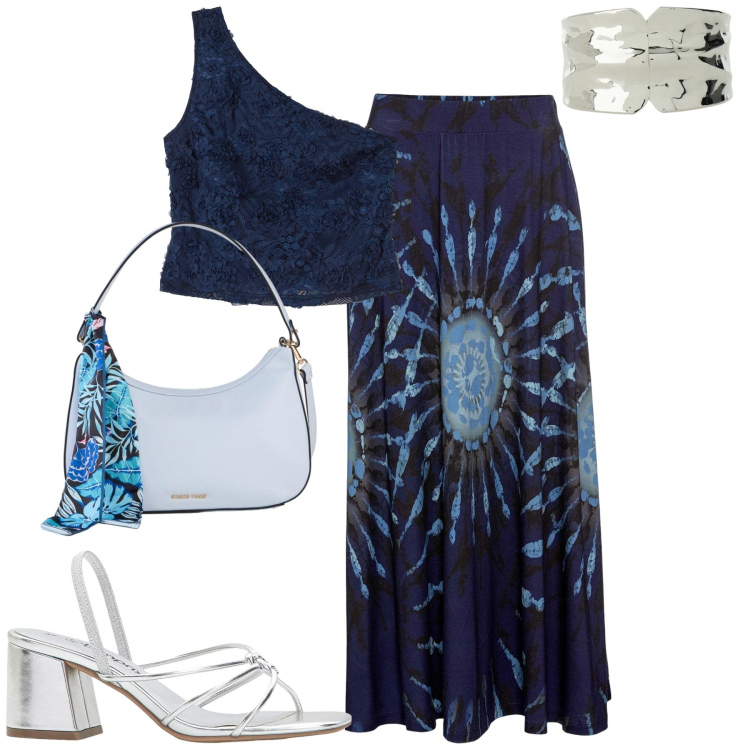 Outfit donna - Summer. Stile Casual chic per Tutti i giorni. Abbinamento con gonne, sandali col tacco, top, borse a mano, braccialetti.