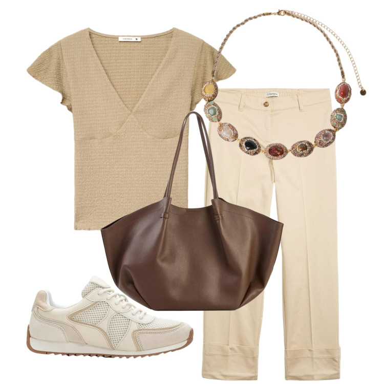 Outfit donna - Color sabbia. Stile Casual per Ufficio. Abbinamento con shopping bag, sneakers alte, pantaloni chino, t-shirt, collane.