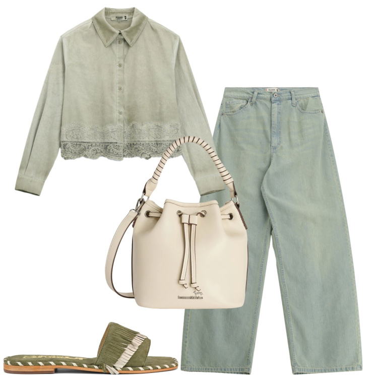 Outfit donna - Total look #2402248. Stile Casual chic per Tutti i giorni. Abbinamento con borse a secchiello, jeans, camicie, ciabatte.