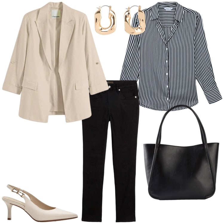 Outfit donna - Un outfit da ufficio in maggio. Stile Casual chic per Ufficio. Abbinamento con jeans dritti, shopping bag, décolleté, orecchini, blazer, camicie.