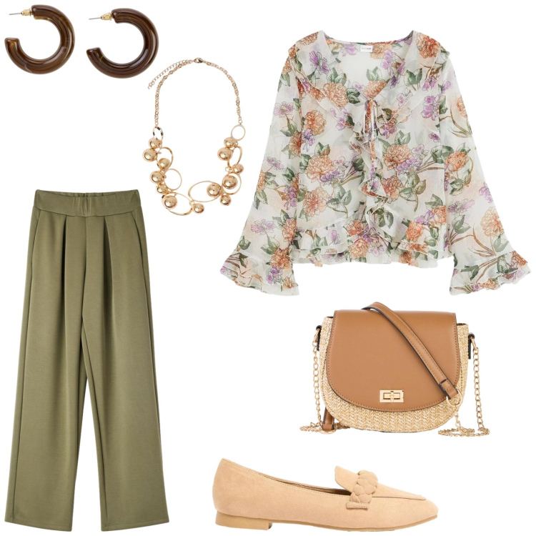 Outfit donna - Un outfit in maggio. Stile Chic per Tutti i giorni. Abbinamento con bluse, mocassini, borse a tracolla, orecchini, pantaloni, collane.