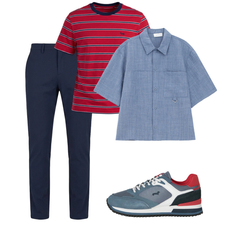 Outfit uomo - Maggio. Stile Casual per Tutti i giorni. Abbinamento con camicie a manica corta, t-shirt, sneakers, pantaloni chino.