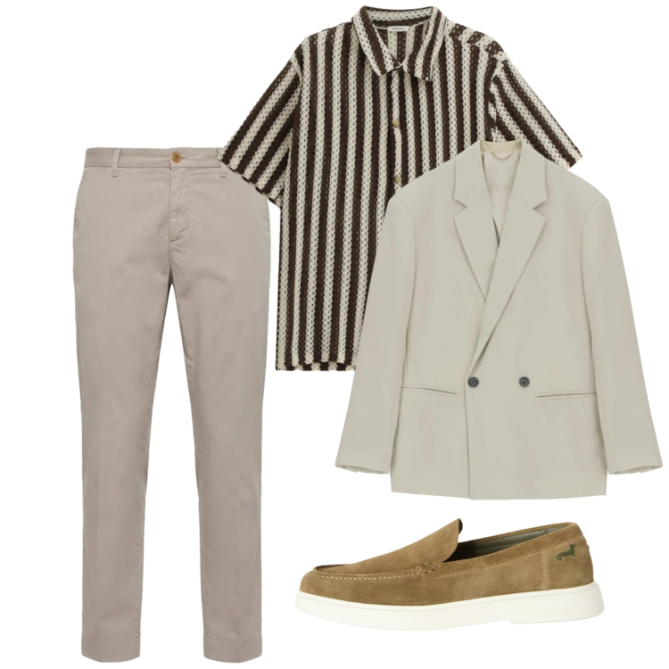 Outfit uomo - Bande larghe. Stile Trendy per Serata speciale. Abbinamento con camicie a manica corta, giacche, pantaloni chino, scarpe stringate.
