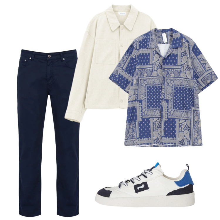 Outfit uomo - Pomeriggio libero. Stile Casual per Tutti i giorni. Abbinamento con camicie a manica corta, camicie, sneakers, pantaloni.