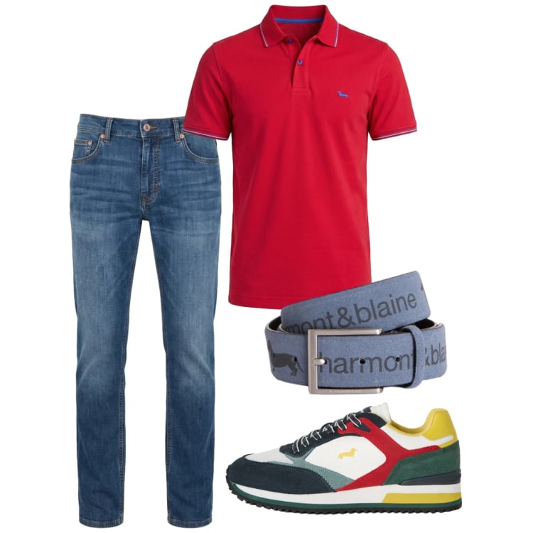 Outfit uomo - Maggio. Stile Casual per Tutti i giorni. Abbinamento con sneakers, cinture, jeans, polo.