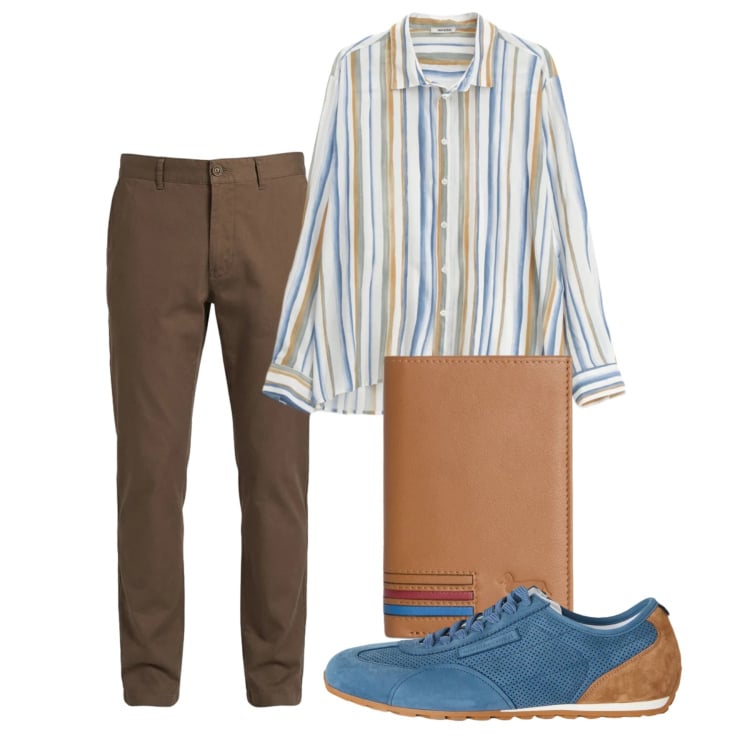 Outfit uomo - Maggio. Stile Casual per Tutti i giorni. Abbinamento con camicie, portafogli, pantaloni, sneakers.