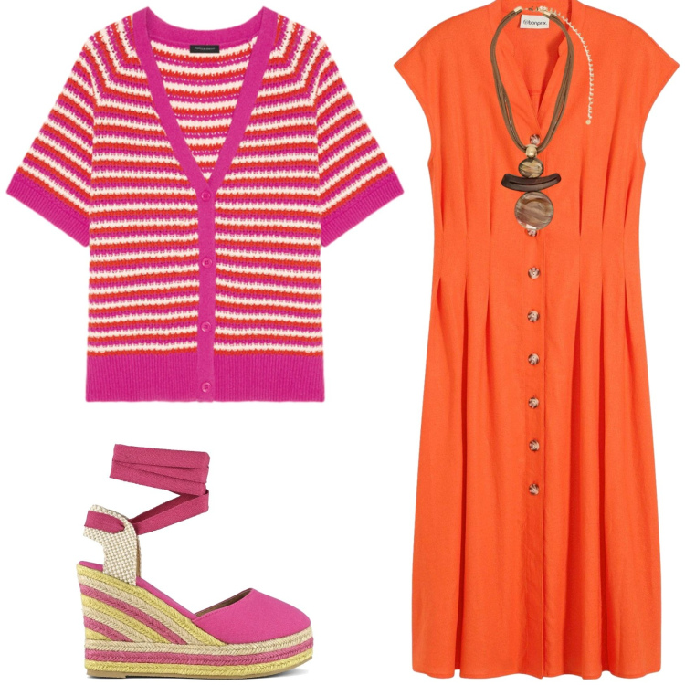 Outfit donna - I contrasti che illuminano. Stile Trendy per Tutti i giorni. Abbinamento con vestiti midi/longuette, ciondoli, cardigans, espadrillas.