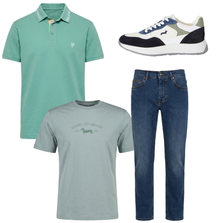 Outfit uomo - Total look. Stile Casual per Tutti i giorni. Abbinamento con jeans, sneakers, t-shirt, polo.